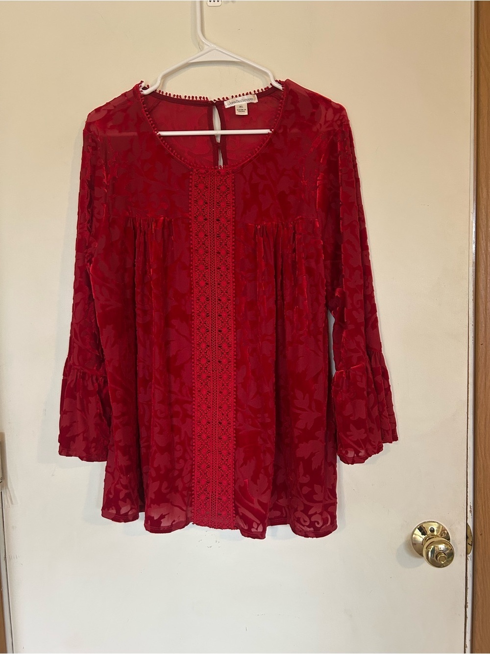 John Paul Richard Red Burnout Velvet Bell Sleeve Blouse Crochet Lace Size XL